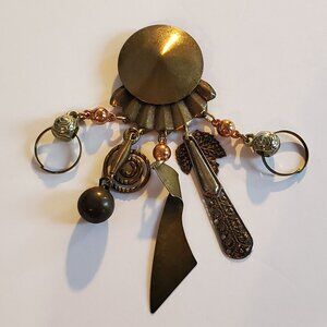 Vintage Antique Southwest Medallion Brooch Pin Copper Tone with Dangles
